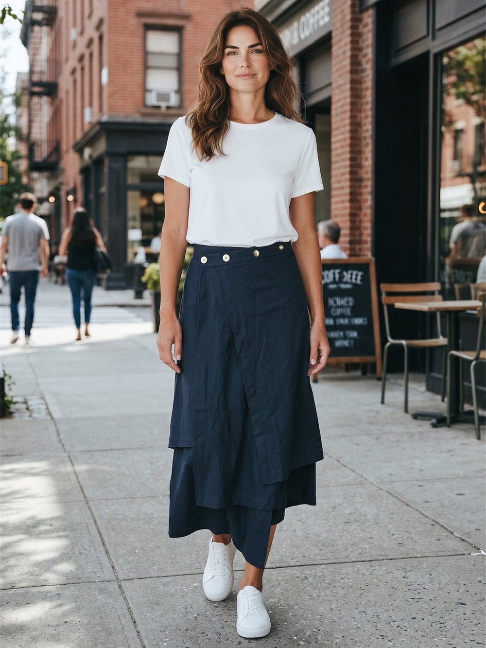 Layered Navy Midi Skirt with Button Waist Detail